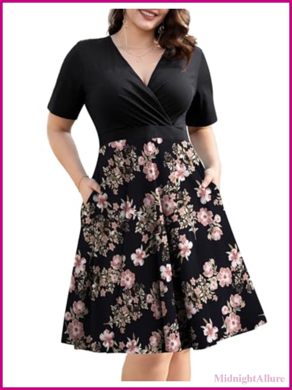 Plus Size Faux Wrap Dress with Pockets - Stretchy Comfort